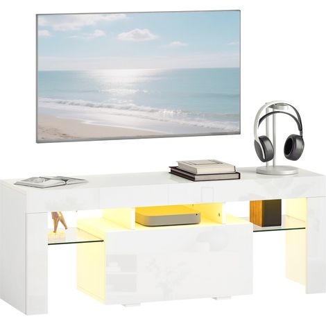 TV-Schrank, TV-Ständer mit RGB-LED-Beleuchtung, hoher Helligkeit, Ablagen aus gehärtetem Glas, 120 x 34 x 45 cm, weiß