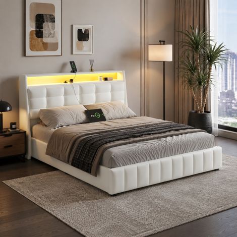 Bettkastenbett 160x200 mit LED, USB und verstellbarem Kopfteil, weiß HAVRYA (1/5)
