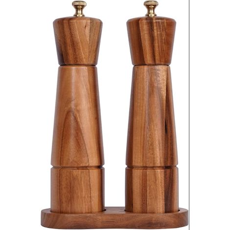 Set de Moulin à poivre et sel avec Plateau, moulin réglable en céramique, acier inoxydable, Bois d'acacia, Hauteur de 22 cm, Diamètre du fond de 5,5 cm (1/5)