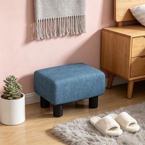Petit repose-pieds ottoman bleu en lin, pouf cube pour salon avec pieds en plastique (1/5)