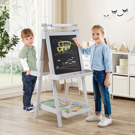 Chevalet Pliable pour Enfants Double Face 3 en 1 avec Tableau au Noir et Tableau Blanc Magnétique Rouleau pour 3 Ans+ Gris (1/2)