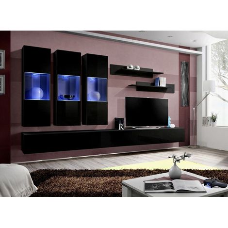 Ensemble meuble TV mural  - Fly II - 320 cm x 190 cm x 40 cm - Noir - Livraison gratuite