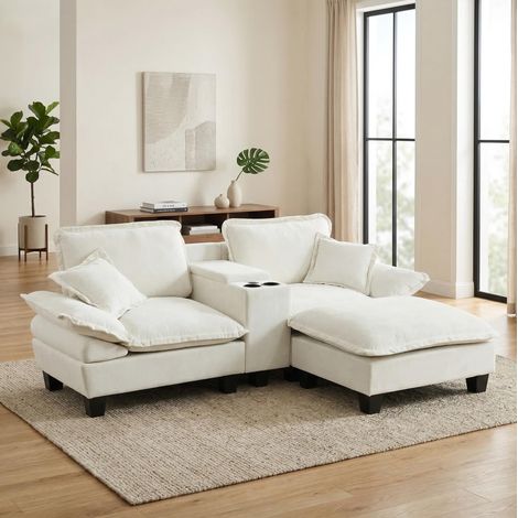 Sofá modular en L 224x151x90 cm beige en chenilla con USB, almacenaje, portabebidas y otomana (1/5)