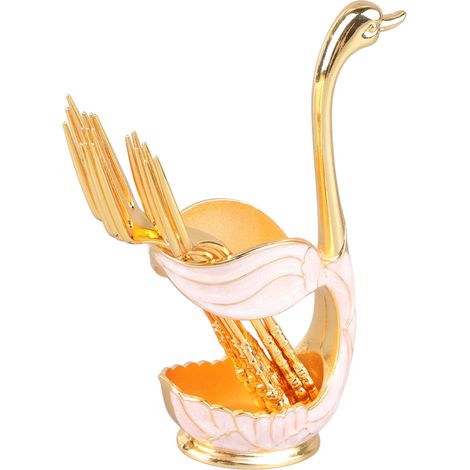 Cuillère à dessert à motif cygne, ensemble de couverts, cuillère à café de style européen, cuillère à fruits et fourchette, décoration intérieure, or et blanc avec fourchette. (1/5)