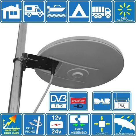 Helio - amplifiée numérique omnidirectionnelle d'antenne TV HD de Gain Haut 33dB TNT DVB-T FM Dab. 12V - 24V idéal pour Camping A25 (1/4)