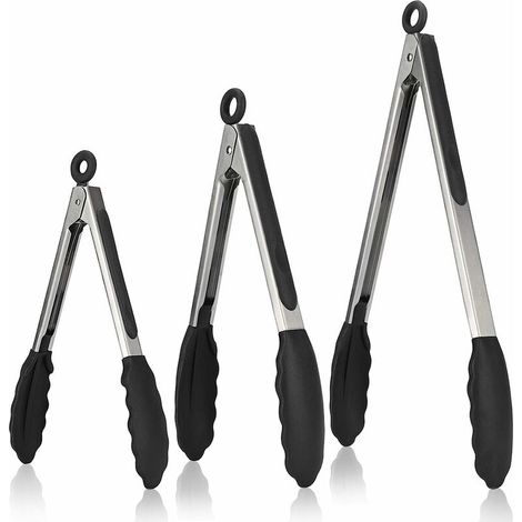 royaluxe - Pince Cuisine Lot de 3 Pinces Barbecue en 18/8 Acier Inoxydable Ustensiles Cuisine avec Poignée Silicone Résistante à La Chaleur 315℃ Pince Buffet Anti-adhé, sans BPA (Noir) (1/4)