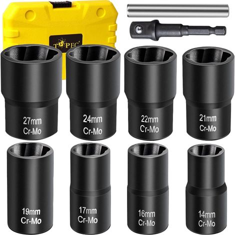 Lot de 9 extracteurs d'écrous boulons, outil retrait roue, douille, impact 1.27 cm, arrondis, écrous et vis - (1/5)