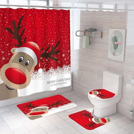 Christmas shower curtain set, reindeer pattern, waterproof, with hooks, Christmas bathroom decoration (set of 4) (1/5)