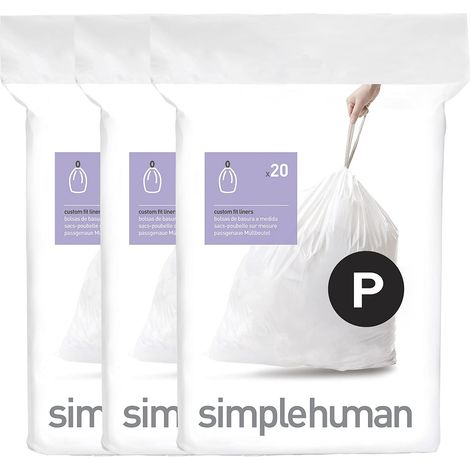 simplehuman CW0263 sacchi spazzatura, sacchetti su misura codice P, bianchi, 3 x confezione da 20 (60 sacchetti) (1/5)