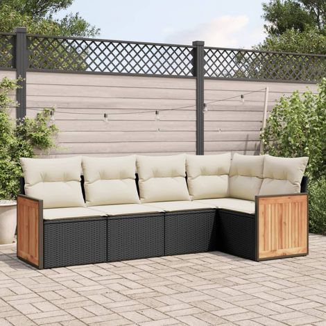 Ensemble Salon Jardin 5 Places Noir Résine Tressée avec Coussins Crème - Meuble Extérieur Modulaire (1/4)