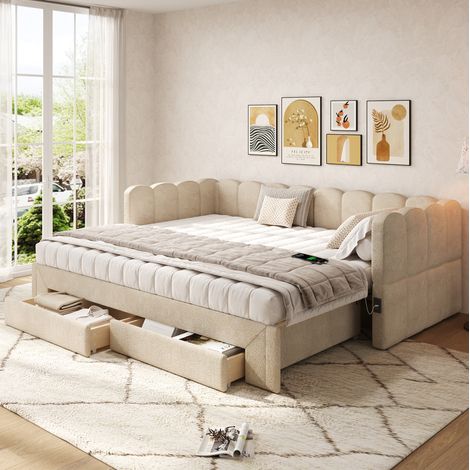 MEUBLIV Letto 90x200 cm beige estensibile con 2 cassetti, senza materasso (1/5)