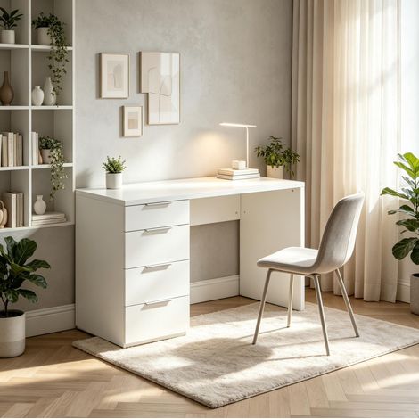 Bureau informatique 110x61,5x75 cm en panneaux de bois blanc brillant, avec rangement FloraGrace (1/5)