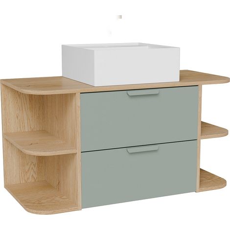 Meuble de salle de bain suspendu avec niches et vasque à poser carrée – Vert amande et naturel clair – L100 cm – AVORELI (1/4)