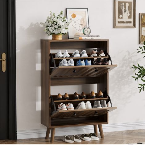 Schuhschrank mit 2 klappbaren Fächern und offener Nische, Nussbaum, 60x24x95 cm (1/5)