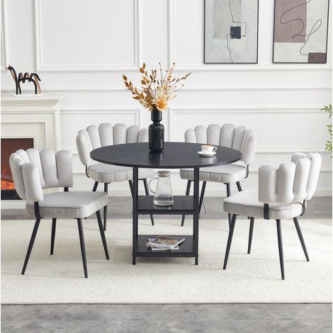 Tavolo rotondo 107 cm con doppio ripiano + 4 sedie imbottite grigio chiaro (1/5)