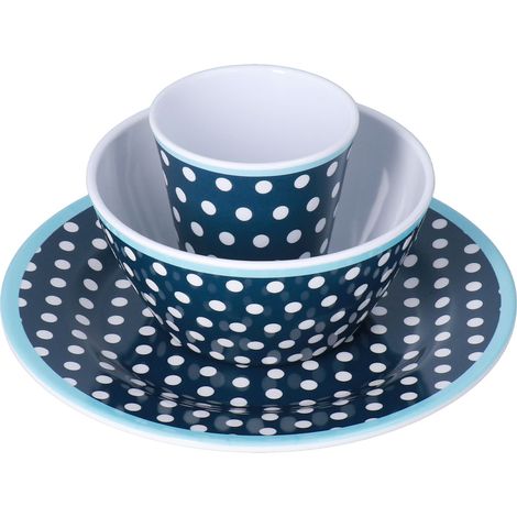 Ensemble de 3 pièces pour salade, fruits et collations : assiette, bol et tasse. Motif à pois bleu foncé. (1/5)