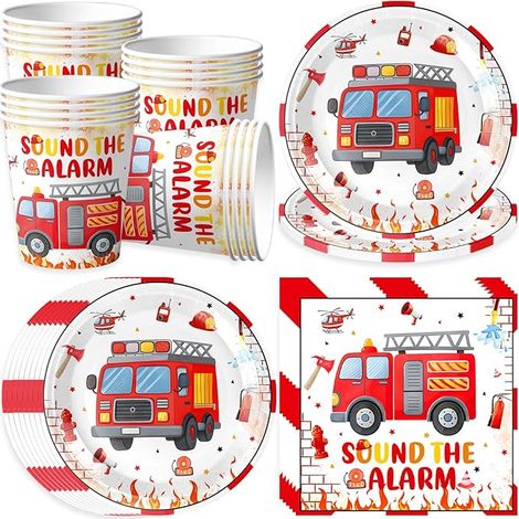 Camion de pompiers Vaisselle de fête Motif Camion de pompier d'anniversaire Assiettes en carton Décoration d'anniversaire pour garçon (1/5)