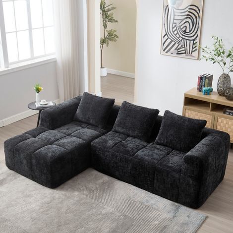 Divano ad angolo - 250x158x60 cm - Design moderno - Da montare - 3 posti con tasche laterali e cuscini - Chenilla nera (1/5)
