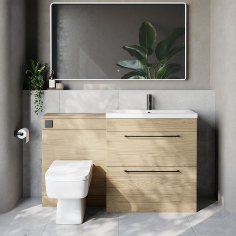 Napoli 390 Cento Light Oak 1400mm 2 Drawer Vanity Unit Toilet Suite with Glide Basin - 1400mm - Matt Black 480mm HandleWith Kingston Toilet Pan and Seat