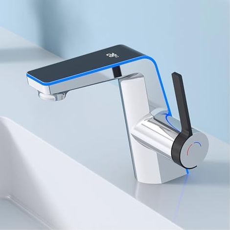 Robinet de salle de bain avec modes de changement de lumière, 2 modes de pulvérisation d'eau, hydroélectricité, tuyaux d'alimentation en eau inclus (1/5)