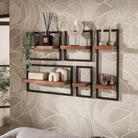 Lot de 5 étagères murales en acacia brun foncé et bronze - KIRVE (1/4)