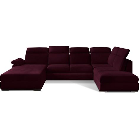 Canapé panoramique convertible LEVANO velours - Rangement et appuie-têtes réglables-Prune-Coffre à gauche (1/5)