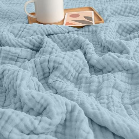 Couverture Gaze Coton, 150 x 200 cm Plaid Coton Canapé, Couvertures Coton, Usage Saisons, couvertures Mousseline Adulte, Couverture Été Lit, Canapé, Jeté Lit (Bleu) (1/4)