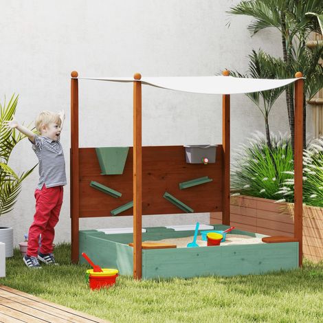 Sandkasten aus Holz für Kinder mit Dach, 2 Sitzen, 2 Aufbewahrungsboxen, Wasserhahn und Trichter, 116 x 112,5 x 128 cm, Grün