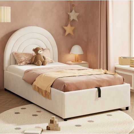 Cama infantil con almacenamiento hidráulico (211x95x100 cm), colchón embutido, cabecero acolchado, terciopelo beige (1/5)