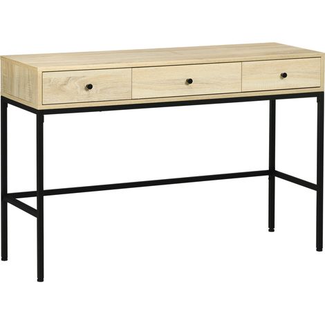 Table console table d'entrée structure en acier 3 tiroirs effet bois style industriel 120 x 39.8 x 78 cm naturel noir