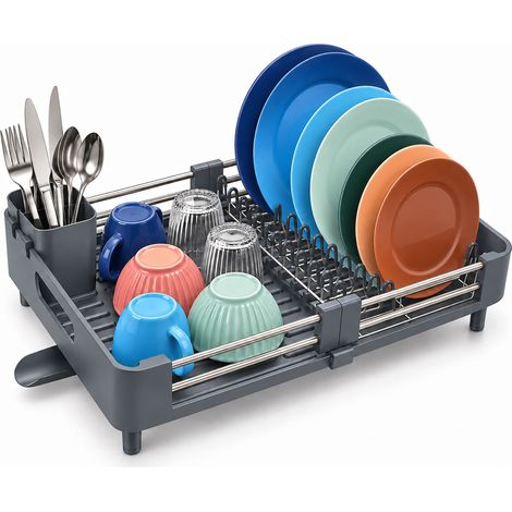 Relaxdays Dish Rack, Cutlery Basket & Drip Tray, Extendable, Kitchen, Plastic, Stainless Steel, Grey (1/5)