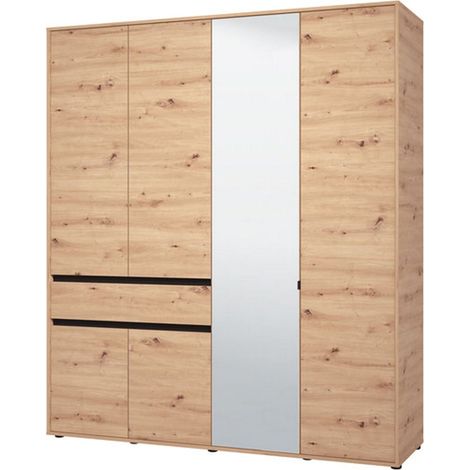 Großer Kleiderschrank, Schlafzimmerschrank 4 Böden, 1 Schublade, Kleiderstange, 183x211h cm, Braun, Knoten-Eiche