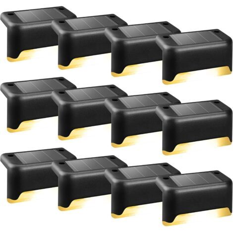 Sollbry Lot de 12 lampes solaires pour extérieur, escaliers, lumières LED étanches pour escaliers extérieurs, marches, clôture, cour, terrasse, gouttière, allée, décoration (noir, blanc chaud) (1/5)