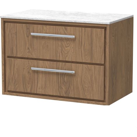 Longnor 2 Drawer Wall Hung Vanity Unit with White Marble Worktop, Antique Oak, 800mm