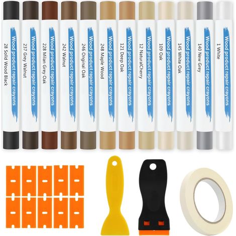 Kit Réparation Stratifié, Kit Réparation Parquet 12 Couleurs, Crayons Cire Dure pour Meubles et Parquet, Bâtons de Retouche pour Rayures Trous, Éclats, Stratifié Armoires Plans de Travail Bois Massif (1/5)