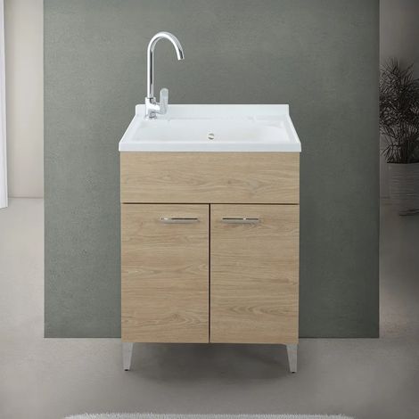 Mobile lavatoio 60x50 cm rovere con vasca in resina e asse lavapanni (1/5)