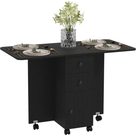 Distressed Black Multi-Storage Dining Table for Six with Drop Leaf Design-Perfect for Space Saving and Family Gatherings