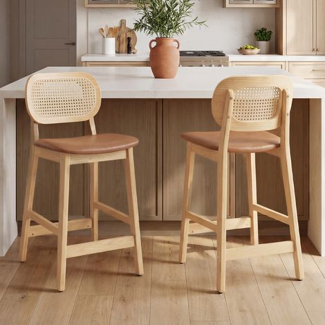 Wahson Lot de 2 Tabourets de Bar en Cuir PU, Chaises de Bar avec Dossier en Rotin, Tabourets de Comptoir en Bois pour Cuisine, Marron (1/5)