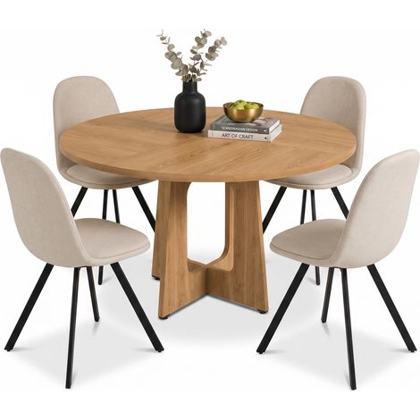FurnitureR 5-teiliges Essset mit Rundtisch und 4 drehbaren Stoffstühlen, 120-cm-Rundtisch in Eichenoptik mit 4 beigen Drehstühlen, gepolstert und komfortabel für gemeinsame Mahlzeiten (1/5)