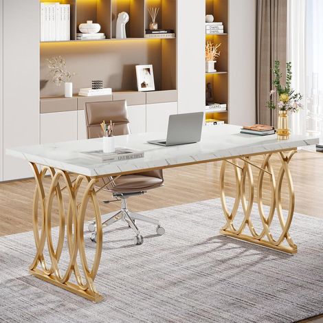 Schreibtisch 160x80cm mit goldenen Beinen, Kunstmarmoroptik, Home Office (1/5)