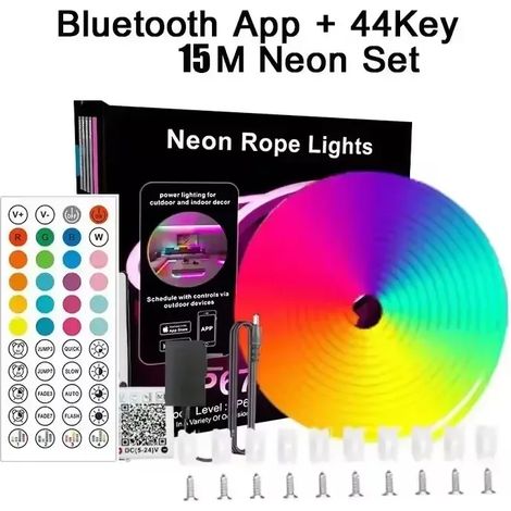 Bande lumineuse néon LED RGB intelligente (15 mètres) avec changement de couleur synchronisé à la musique, 24 V, conception flexible à personnaliser (1/5)
