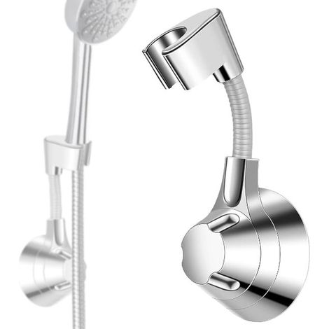 Soporte de pared para cabezal de ducha, ajustable 360°, no requiere taladrar, apto para barras de ducha de mano, color plata. (1/5)