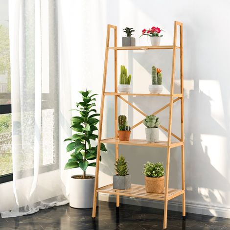 Bibliothèque en Bambou à 4 Niveaux avec Dispositif Anti-basculement Étagère Échelle avec Patins Antidérapants Naturel Maison Chic (1/5)