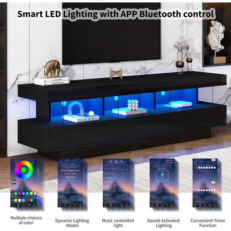 1603850,5 cm. Support de téléviseur en verre brillant noir, avec 3 plateaux en verre. Éclairage LED. Contrôle via appareil mobile. Connectivité Bluetooth pour les téléviseurs de 70 pouces. (1/5)