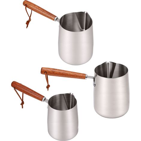 Pichet mousseur à lait en acier inoxydable 304 avec poignée et embout en bois pour faire mousser le café, chauffer l'huile, faire fondre le beurre et le chocolat, 350 ml. (1/5)