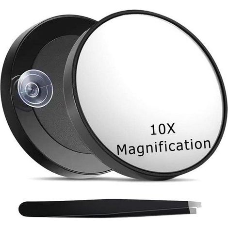 Miroir portable professionnel avec grossissement x10, poignée et pince à épiler pour le maquillage, les soins de la peau et des sourcils.