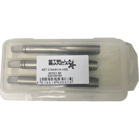 MASCHI A MANO M10x1,50 FILETTATURA FILETTARE PASSO GROSSO HSS-M2 3pz STELLA BIANCA (1/4)