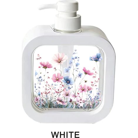 (Blanc 300 ml) Distributeur de savon liquide rechargeable à motif floral rose et bleu, flacon pompe pour salle de bain et cuisine. (1/5)