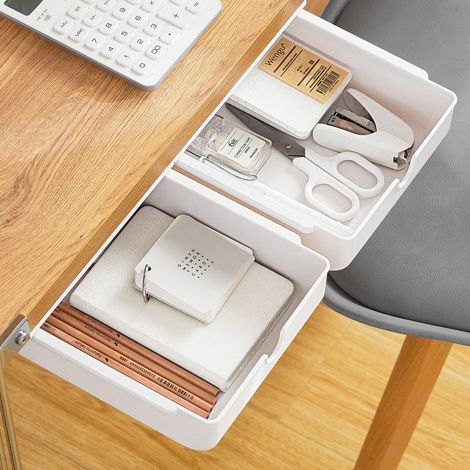 Lot de 2 Mini Tiroirs Sous le Bureau - Organisateurs de Tiroirs - Boîte de rRangement Autocollante pour Bureau (Blanc) (1/5)