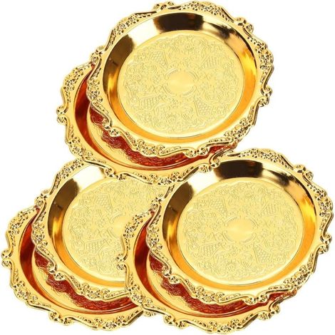 Lot de 6 plateaux de service ronds vintage en métal - Assiettes de service - Collations - Bonbons - Noix - Mini apéritifs - 4" - Pour fournitures de fête à la maison (dorées) (1/4)